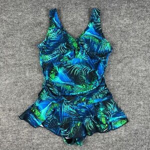 Ceeb Swimsuit‎ Womens 16 Blue Green Tropical Palm Print One Piece Ruffle Skirt